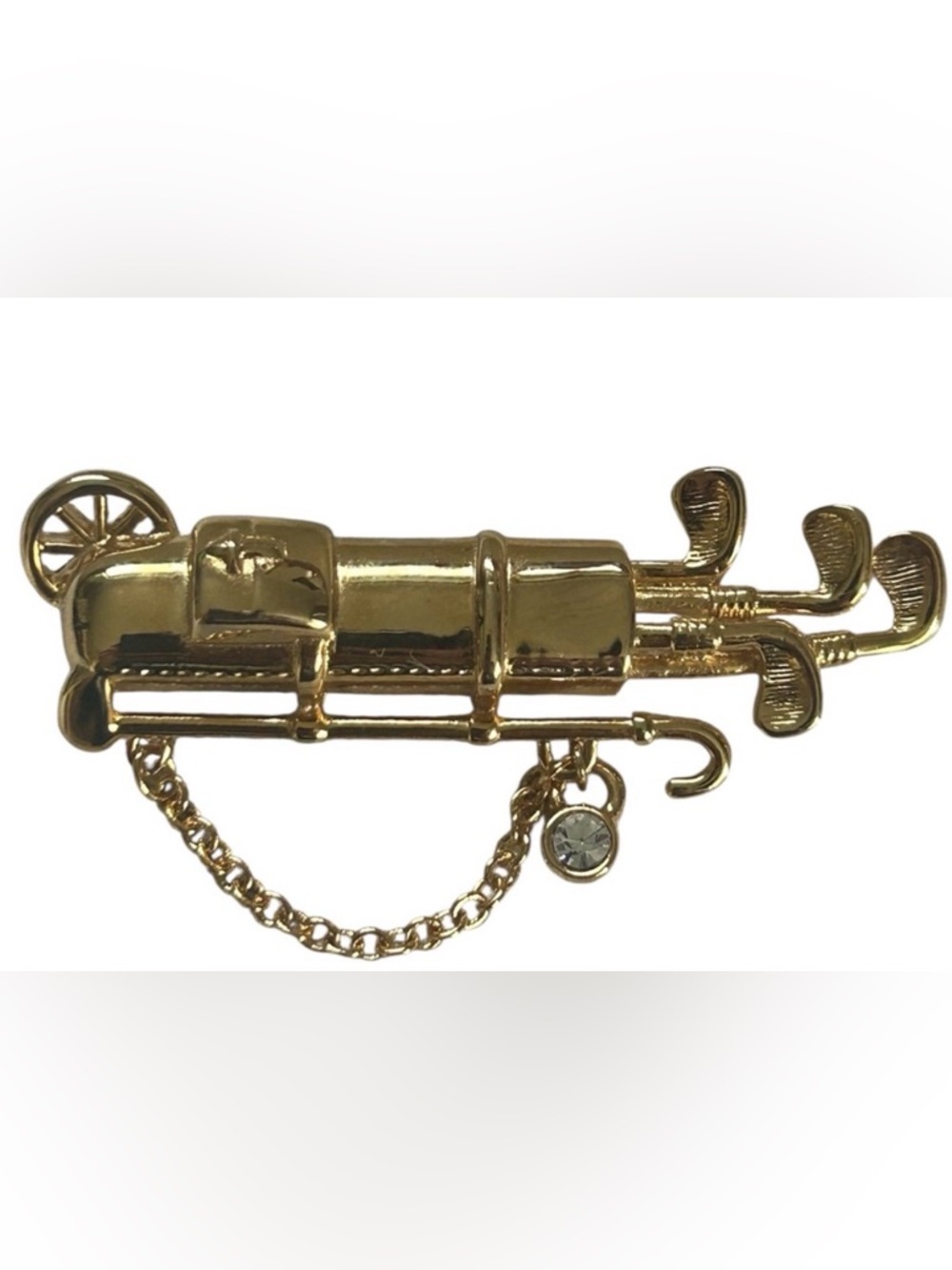 GOLF BAG BROOCH GOLD TONE RHINESTONE